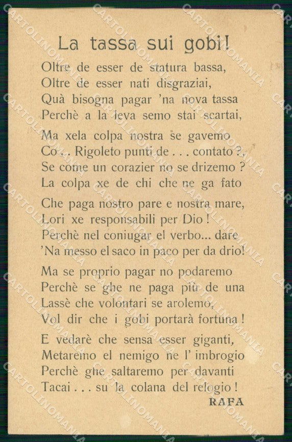 WWI WW1 Patriottismo La Tassa sui Gobi Gobbi Rafa Venezia cartolina KF4913 – fronte