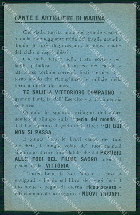 WWI WW1 Patriottismo Marina Militare Fante Artigliere Pasubio cartolina KF4941 – fronte