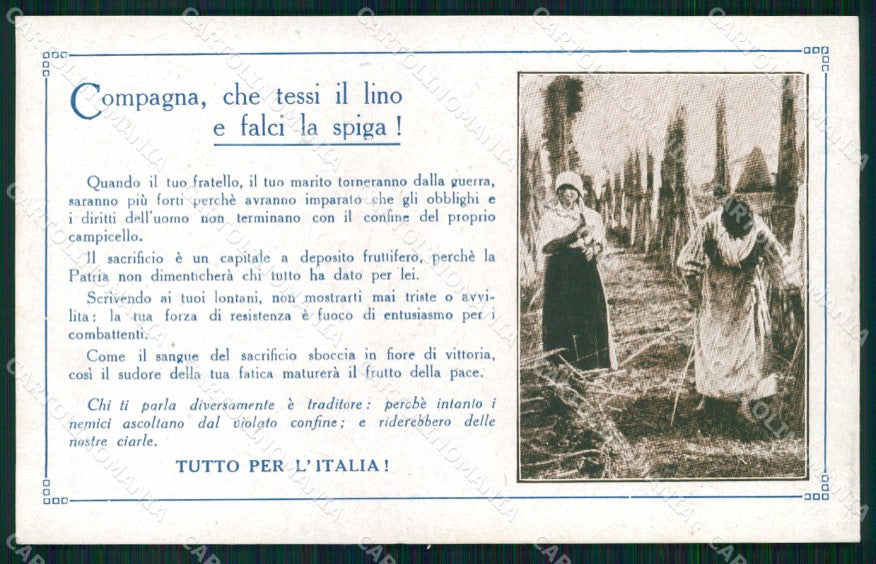 WWI WW1 Patriottismo Compagna che tessi il lino Ditta Marelli Milano cp KF4952 – fronte