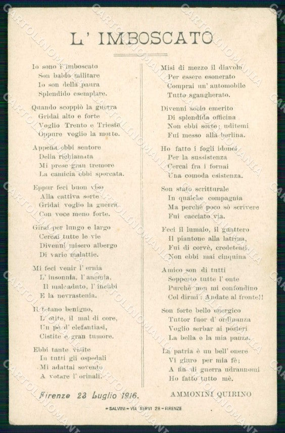 WWI WW1 Patriottismo L'Imboscato Quirino Firenze cartolina KF4972 – fronte