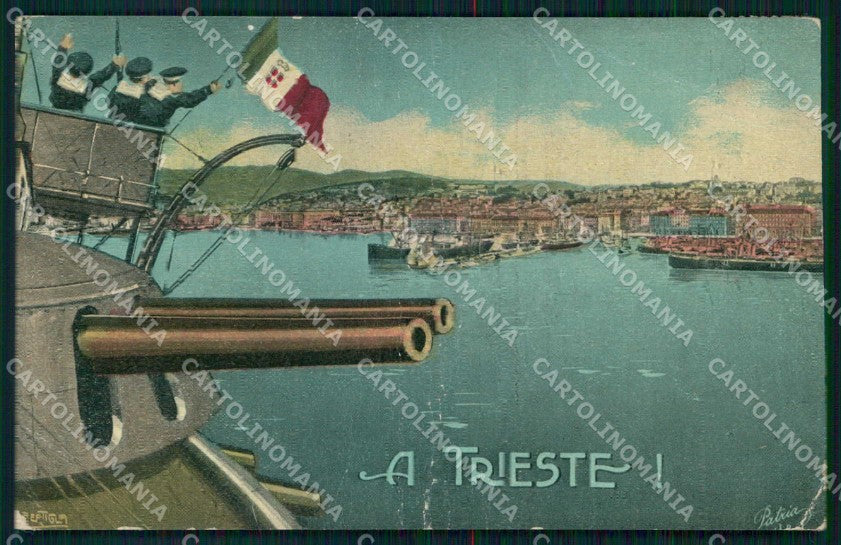 WWI WW1 Patriottismo Tricolore Trieste Bertiglia PIEGATA cartolina KF5012 – fronte