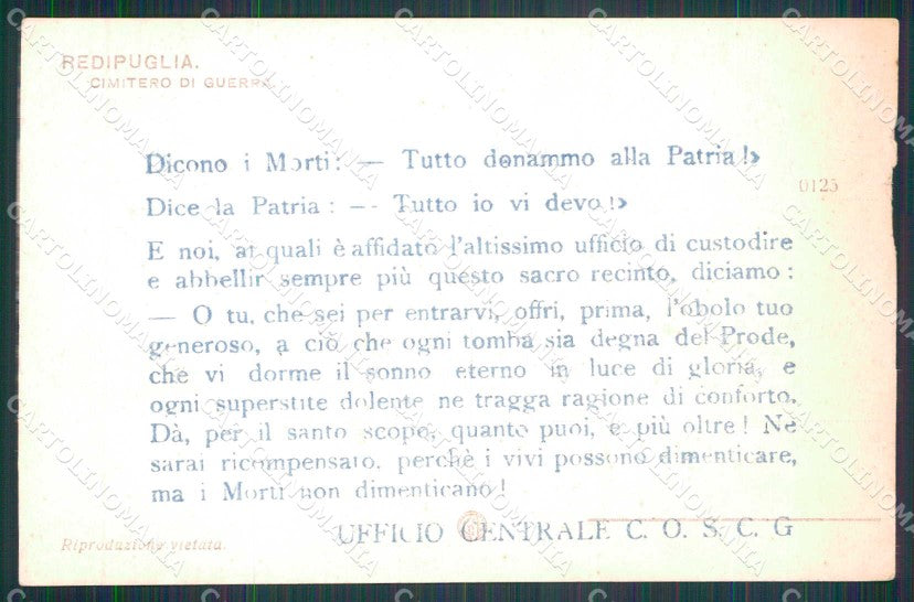 Patriottismo WW1 Redipuglia Cimitero di Guerra SCOLLATA PIEGA cartolina KF5172 – retro