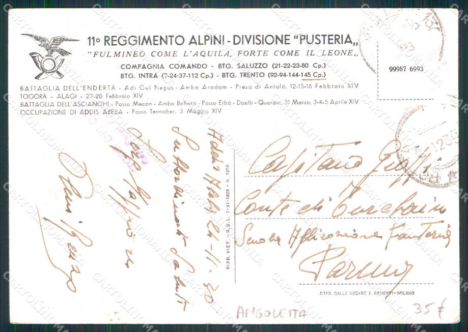 Militari 11° Regg. Alpini Div. Pusteria Angoletta Franchigia PIEGA FG cp KF5192 – retro