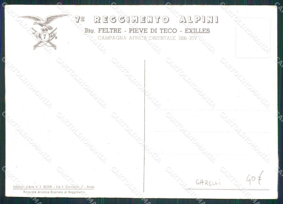 Militari Reggimentali 7° Regg. Alpini Batt. Feltre Garelli FG cartolina KF5194 – retro