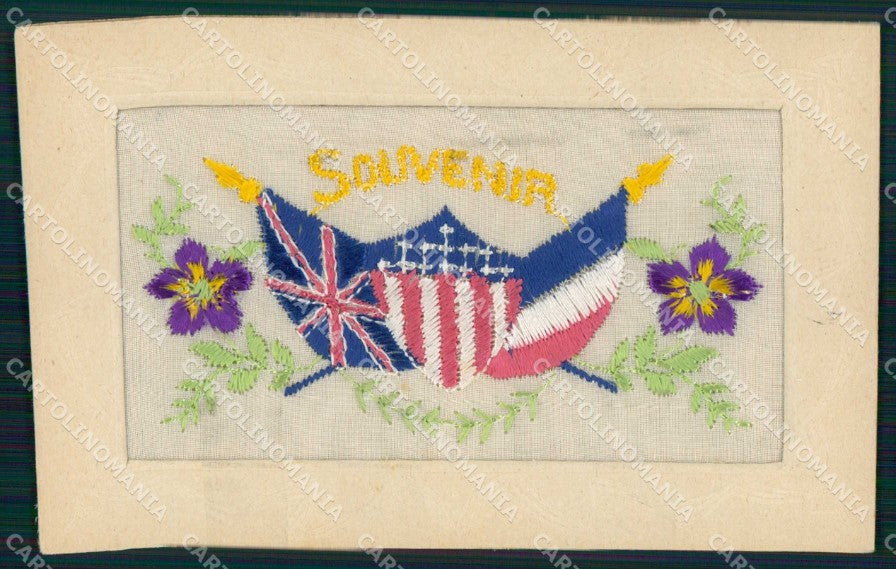 WW1 Patriottismo Bandiere Flag Silk Regno Unito Francia America cartolina KF5197 – fronte