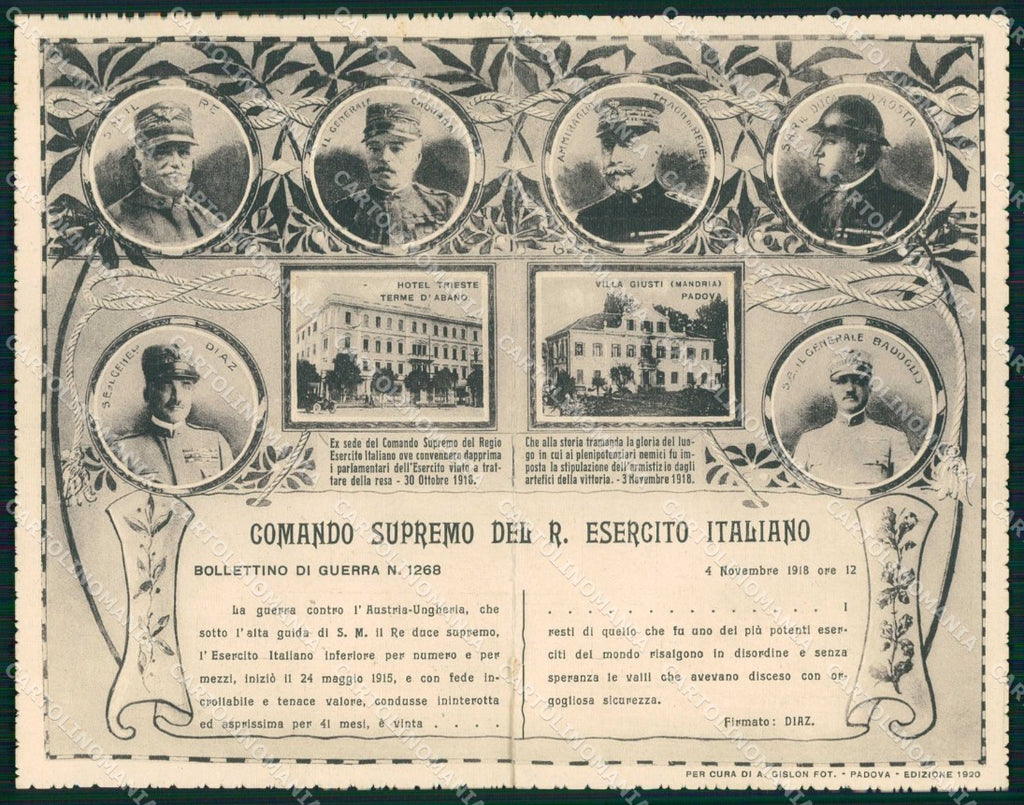 WW1 Militari Gen. Diaz Badoglio Savoia Padova Abano doppia cartolina KF5238 – fronte