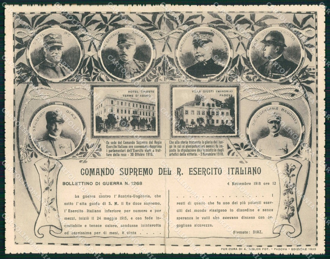 WW1 Militari Gen. Diaz Badoglio Savoia Padova Abano doppia cartolina KF5238 – fronte