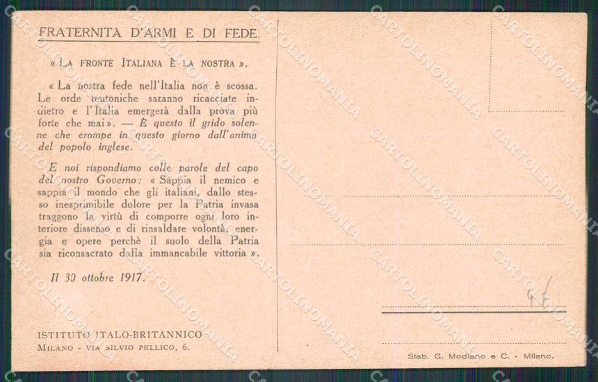 WW1 Bandiere Propaganda Alpini Istituto Italo Britannico cartolina KF5349 – retro