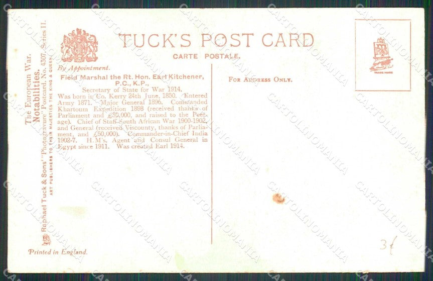 WW1 Field Marshal Lord Horatio Herbert Kitchener Secretary of State cp KF5362 – retro