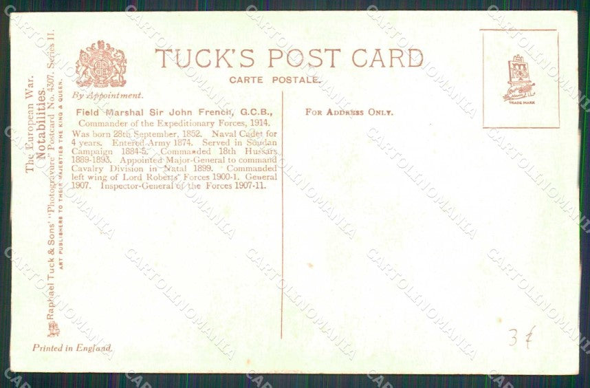 WW1 WWI Militari Field Marshal Sir J. French Tuck serie 4307 cartolina KF5363 – retro