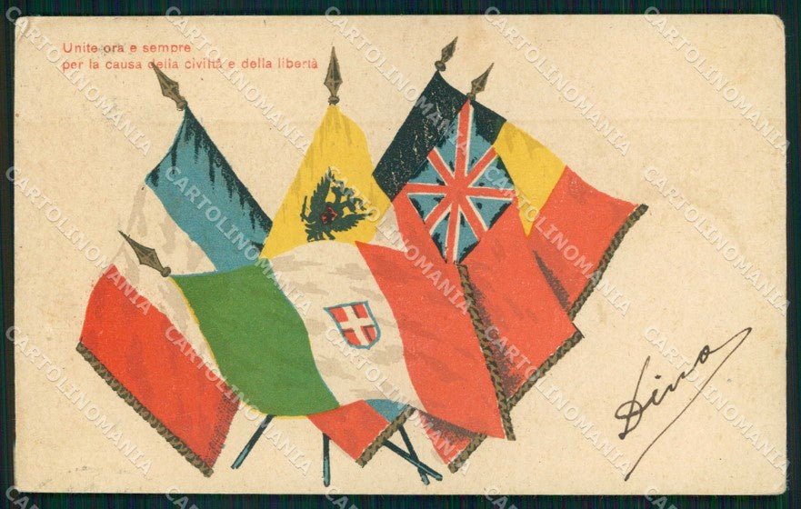 WW1 WWI Militari Patriottismo Tricolore Bandiera Alleati Flags cartolina KF5367 – fronte