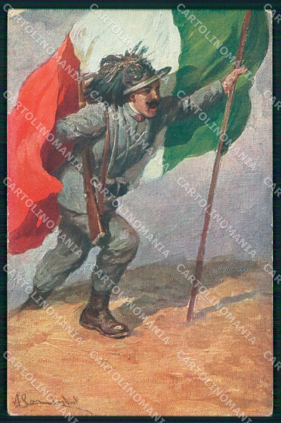 WW1 WWI Militari Patriottismo Bandiera Tricolore Bersaglieri cartolina KF5461 – fronte