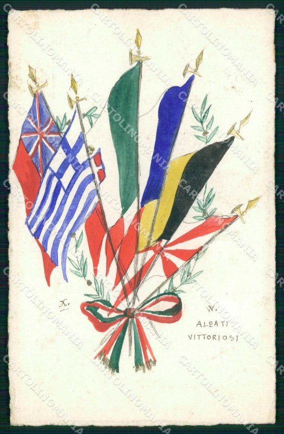 WW1 WWI Patriottismo Tricolore Alleati Flags Dipinta a mano cartolina KF5482 – fronte