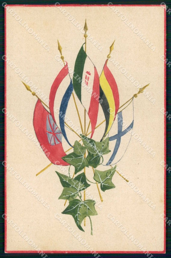 WW1 WWI Patriottismo Tricolore Alleati Flags Dipinta a mano cartolina KF5483 – fronte