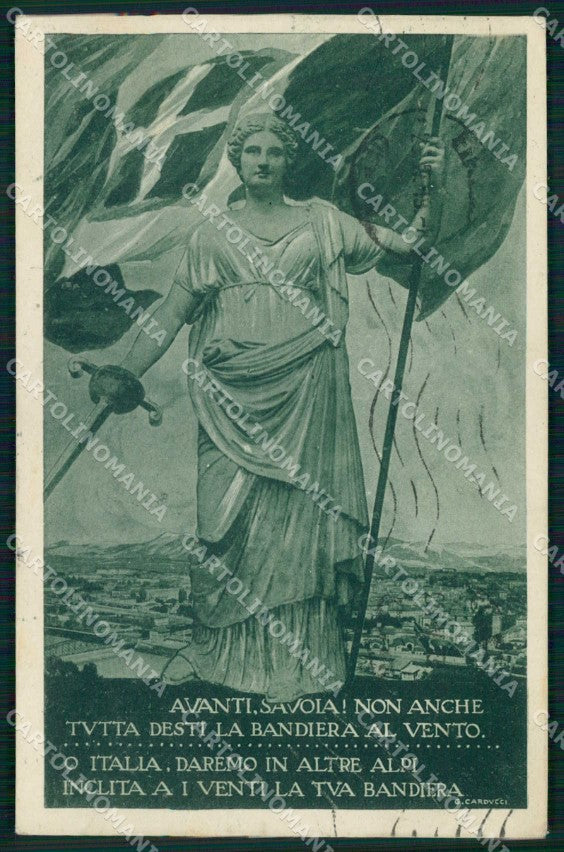 WW1 Patriottismo Tricolore Bandiera Allegoria Italia Carducci cartolina KF5495 – fronte