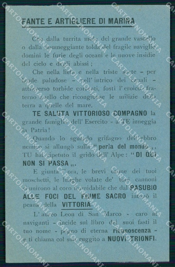 WW1 Patriottismo Militari Fante e Artigliere di Marina Pasubio cartolina KF5527 – fronte