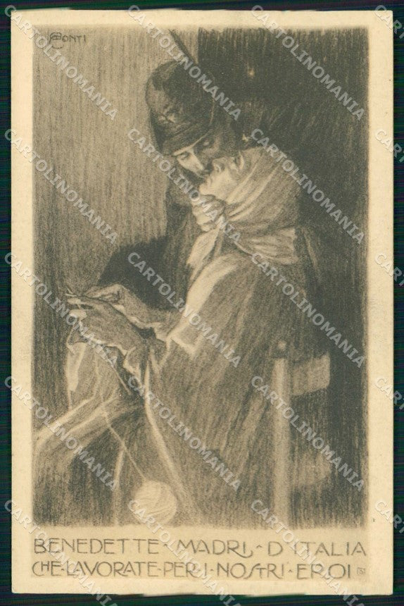 WWI Patriottismo Corredo del Soldato Alpini Madri Italia Conti cartolina KF5537 – fronte