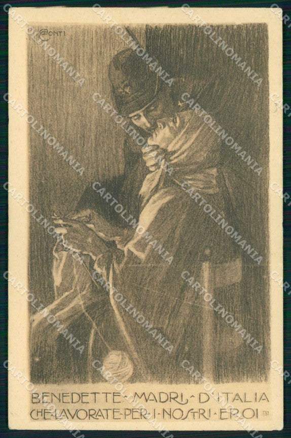 WWI Patriottismo Corredo del Soldato Alpini Madri Italia Conti cartolina KF5538 – fronte