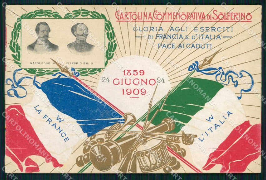 Militari Risorgimento Francia Italia Savoia Tricolore Flag 1859-1909 cp KF5582 – fronte