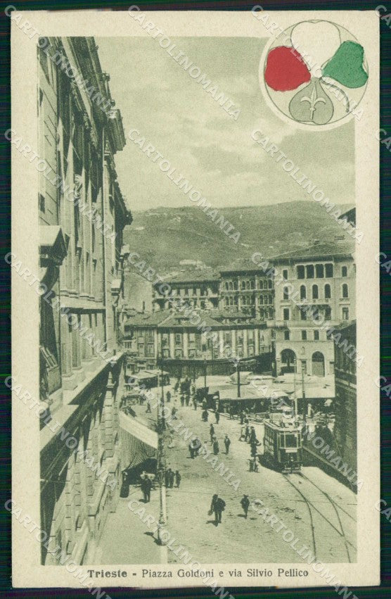 Trieste città Piazza Goldoni Via Pellico Alterocca WWI Tricolore cp KF5717 – fronte