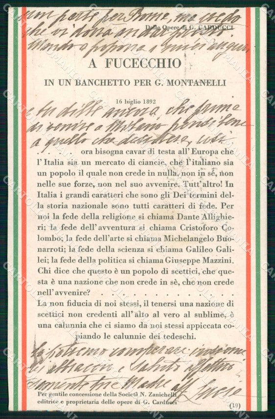 WW1 Patriottismo Unione Insegnanti Fucecchio Carducci Tricolore cp KF5762 – fronte