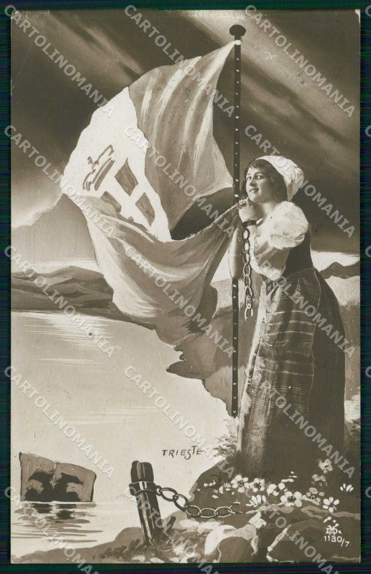 WW1 Patriottismo Trieste Tricolore Allegoria Italia Bertiglia ? PIEGA cp KF5795 – fronte