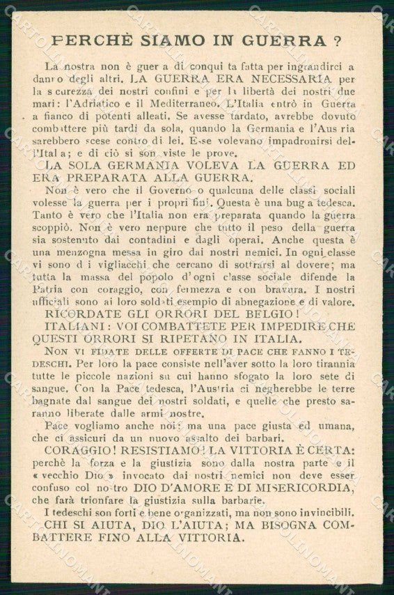 WW1 WWI Patriottismo Perché siamo in Guerra ? cartolina KF5805 – fronte