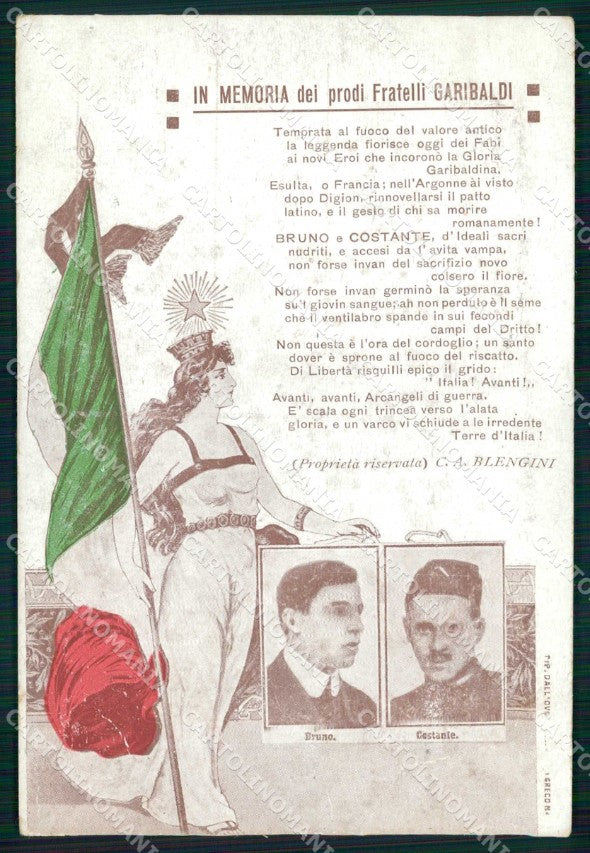 WW1 WWI Patriottismo Terre Irredente Fratelli Garibaldi Unione Latina cp KF5814 – fronte
