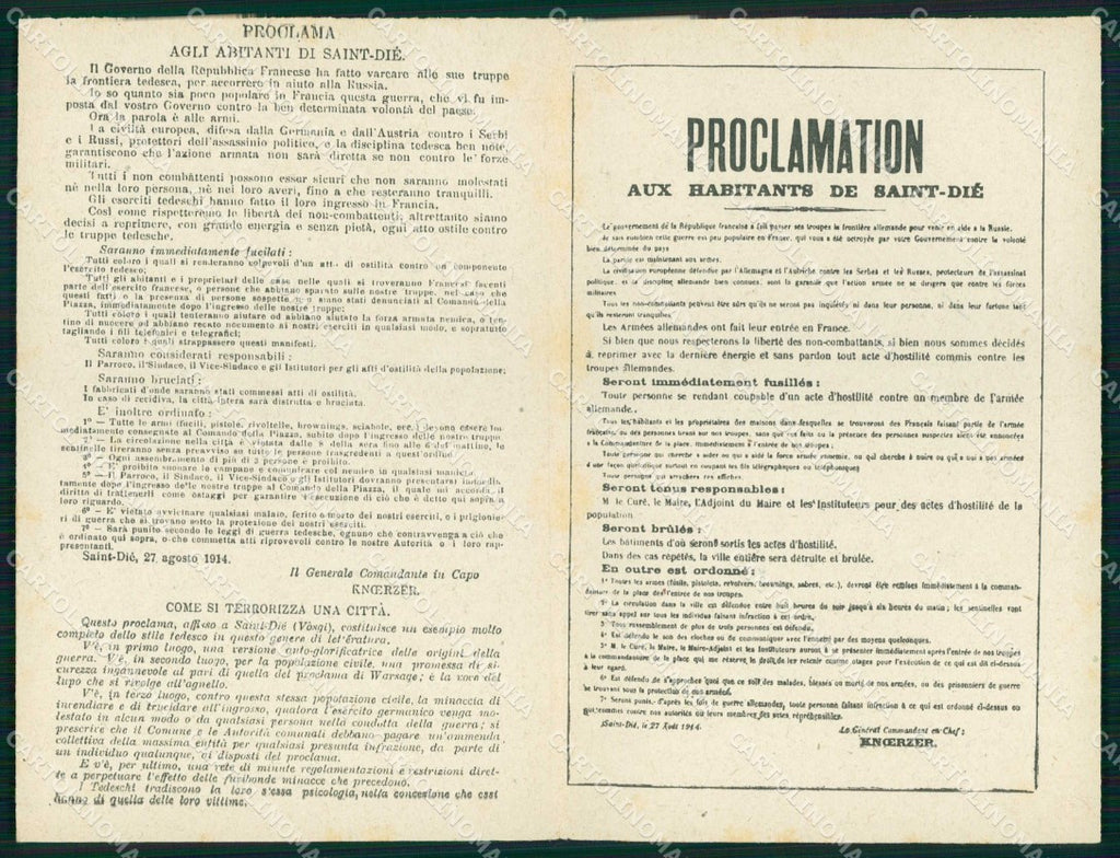 WW1 WWI Patriottismo Proclami Tedeschi in Belgio Francia doppia cartolina KF5832 – fronte