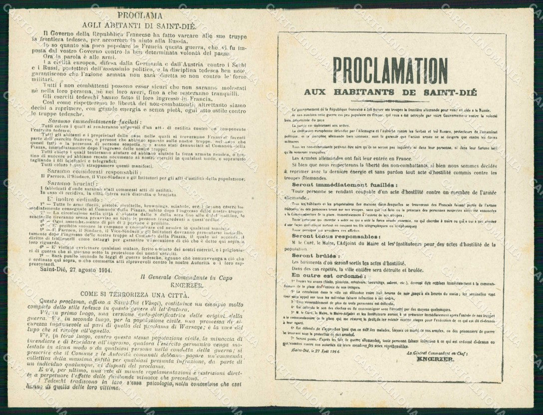 WW1 WWI Patriottismo Proclami Tedeschi in Belgio Francia doppia cartolina KF5832 – fronte