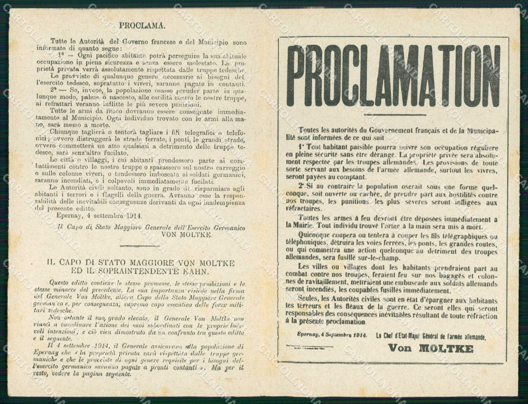 WW1 WWI Patriottismo Proclami Tedeschi in Belgio Francia doppia cartolina KF5833 – fronte
