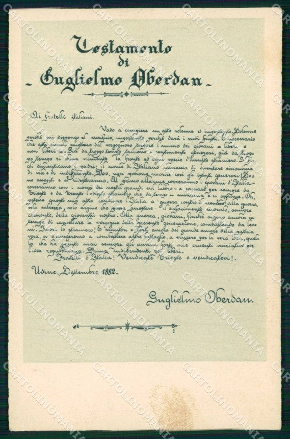 WW1 WWI Patriottismo Testamento Oberdan Udine Trieste cartolina KF5871 – fronte