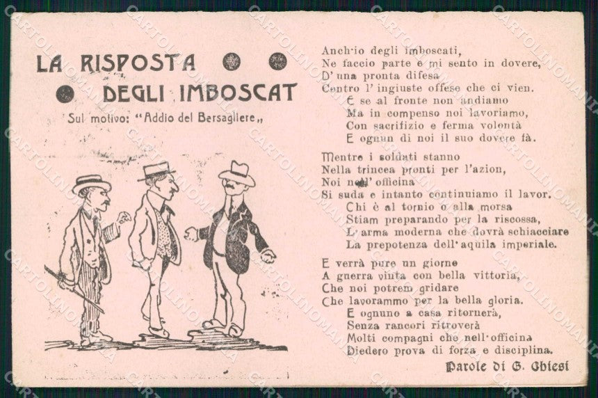 WW1 La Risposta degli Imboscat Addio del Bersagliere Bertiglia ? cp KF5971 – fronte