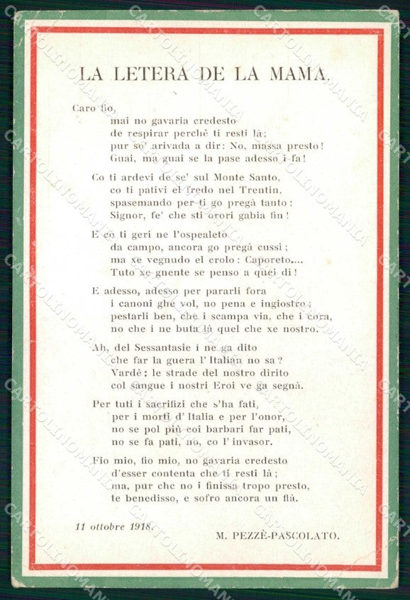 WW1 WWI Patriottismo Tricolore La Letera de la Mama PIEGHE cartolina KF5983 – fronte