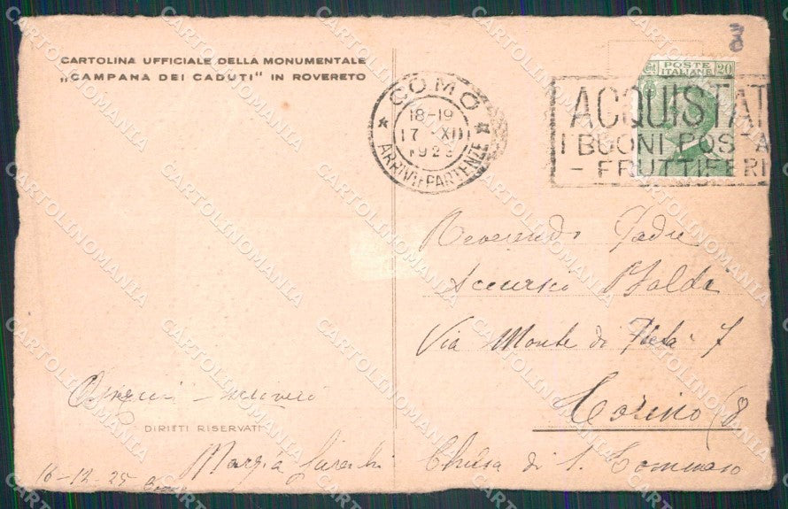 WW1 WWI Patriottismo Rovereto Campana dei Caduti PIEGA cartolina KF5985 – retro