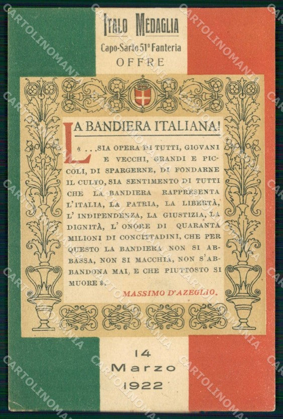 Patriottismo Tricolore 51° Fanteria D'Azeglio 1922 cartolina KF6015 – fronte