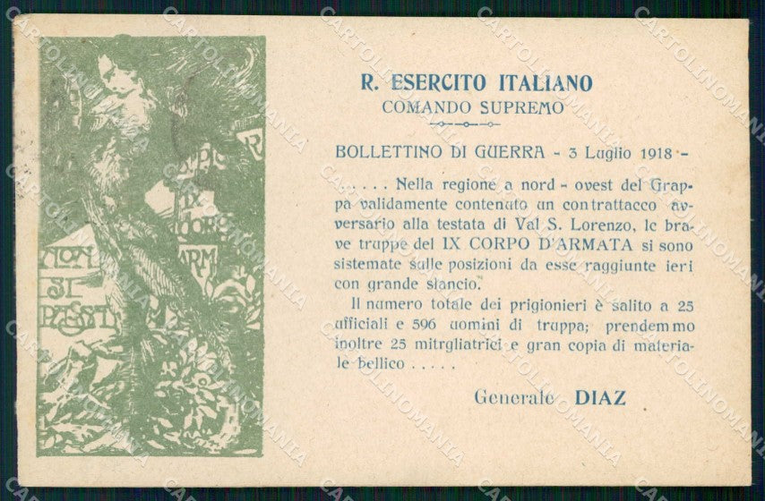 WW1 Gen. Diaz Armistizio Armata del Grappa IX Corpo d'Armata PIEGHINA cp KF6016 – fronte