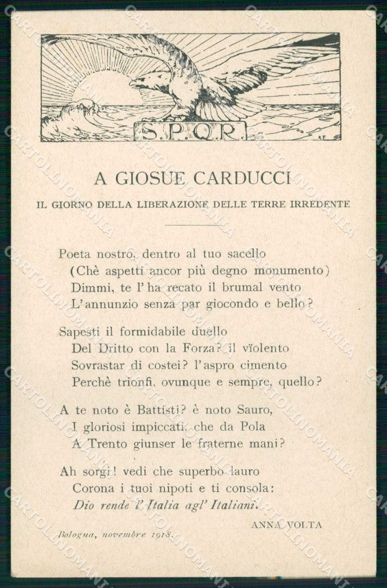 WW1 WWI Patriottismo Terre Irredente Carducci Bologna 1918 cartolina KF6020 – fronte