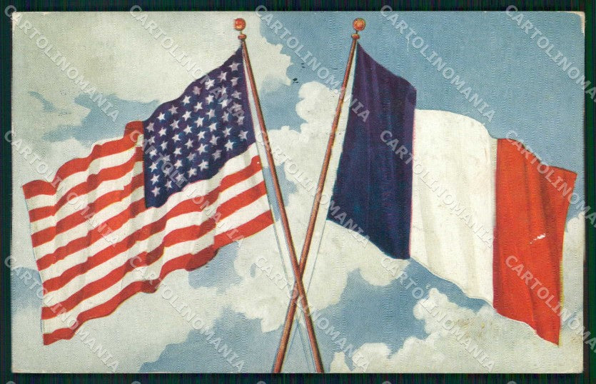 WW1 WWI Patriottismo Alleati Bandiere Flag Usa France cartolina KF6189 – fronte