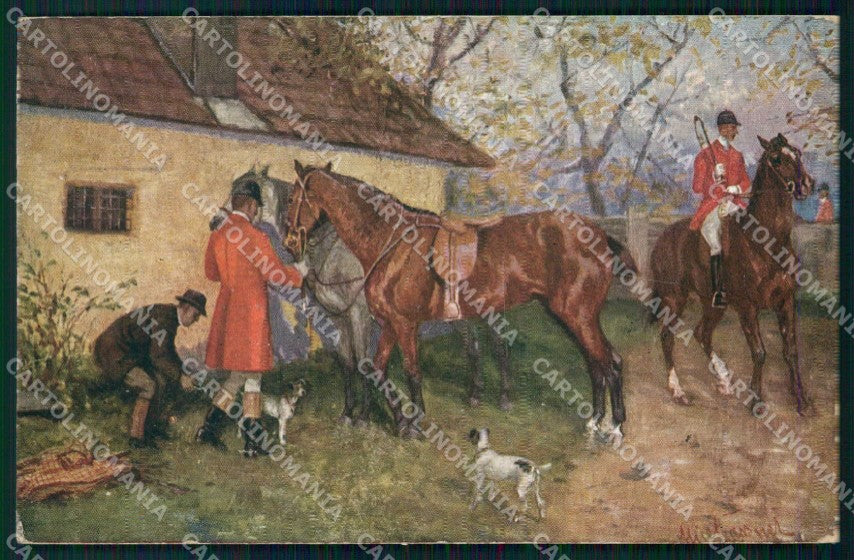 Artist Signed Fox Hunting Cavallo Cheval Horse Pferd BKWI 487 cartolina KF6239 – fronte