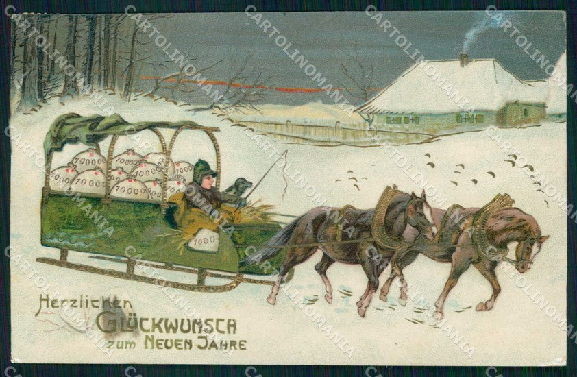 Augurali Buon Anno Carrozza Cheval Horse Pferd PFB 1301 cartolina KF6244 – fronte