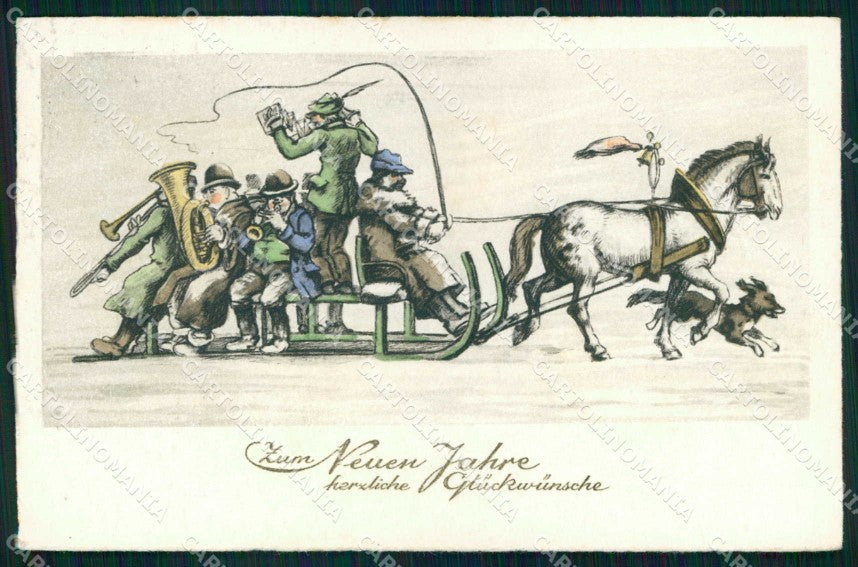 Augurali Buon Anno Slitta Music Band Cheval Horse Pferd 4101 cartolina KF6246 – fronte