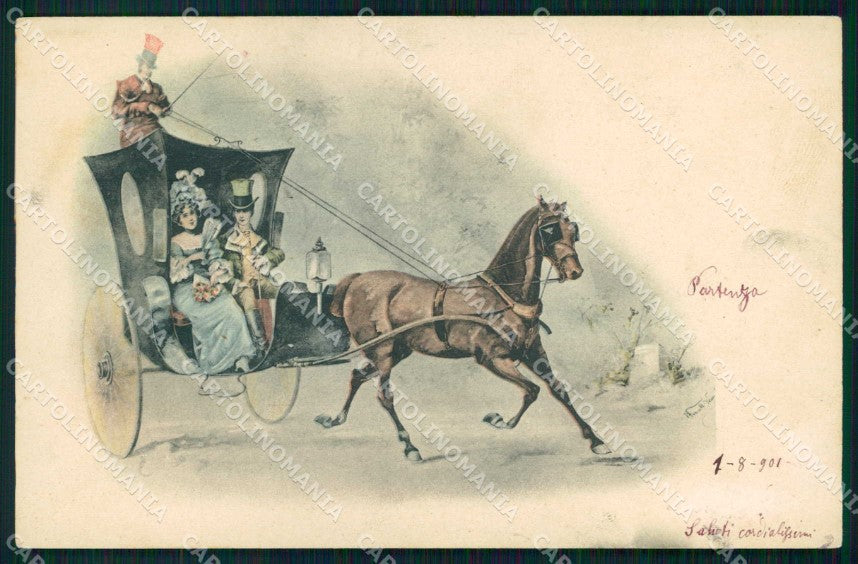 Artist Signed Couple Carrozza Cavallo Cheval Horse ABRADED cartolina KF6248 – fronte
