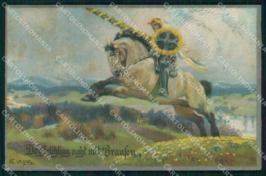 Artist Signed Fr. Jung Cavallo Cheval Horse Pferd CREASED cartolina KF6251 – fronte