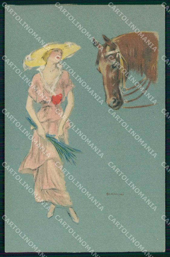 Artist Signed Bianchi Glamour Lady Cavallo Cheval Horse Pferd cartolina KF6268 – fronte