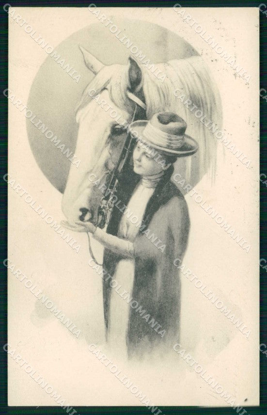 Artist Signed Lady Cavallo Cheval Horse Pferd Viennoise ABRADED cartolina KF6281 – fronte