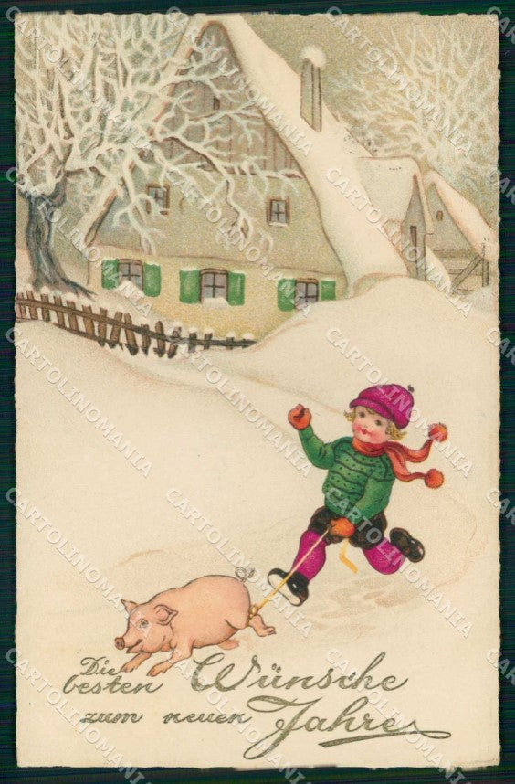 Artist Signed Baumgarten ? Child Pig ERIKA 5046 cartolina KF6285 – fronte