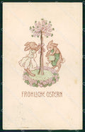 Augurali Pasqua Easter Dressed Rabbit Relief CORNER CREASE cartolina KF6336 – fronte