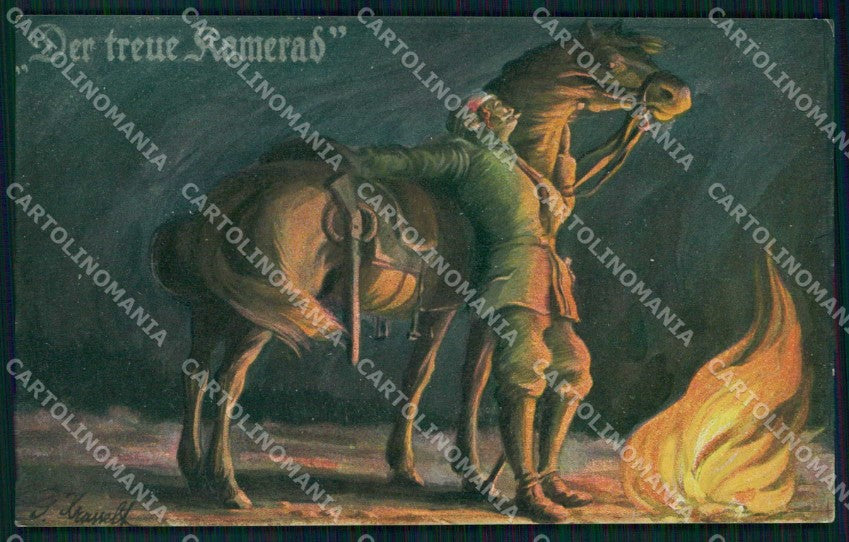 Artist Signed Gustav Krasselt Soldat Cavallo Cheval Horse Pferd cartolina KF6436 – fronte
