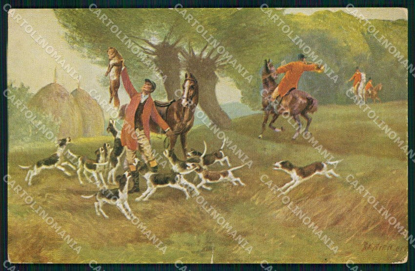 Artist Signed Fox Hunting Cavallo Horse Pferd cartolina KF6467 – fronte